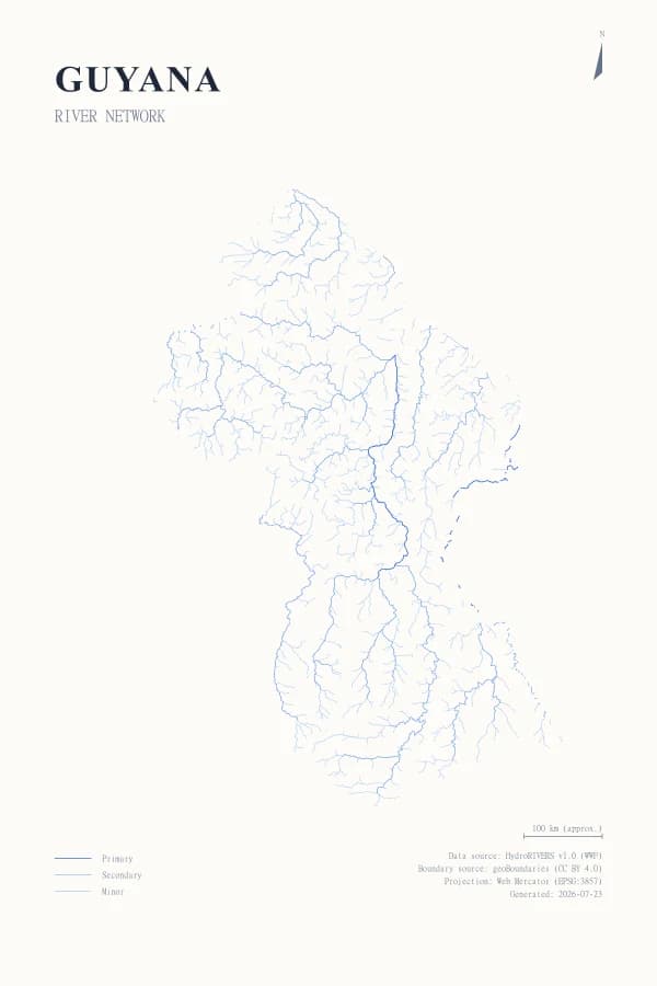 Generated Guyana river network poster using the Parchment palette