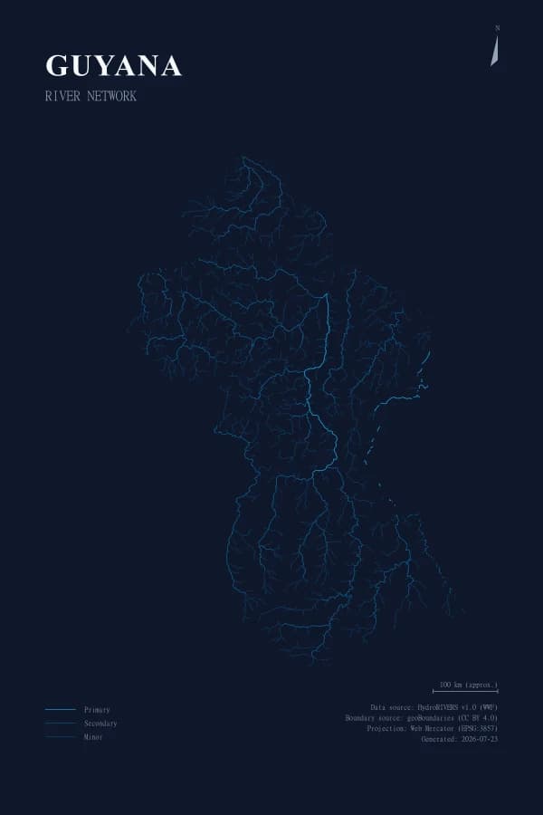 Guyana river-network poster in the Abyss palette